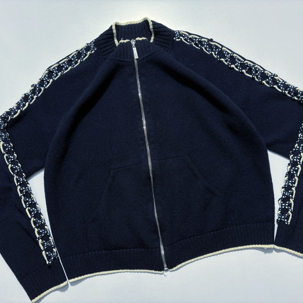 Vintage St John Sweater Cardigan Full Zip Knit Sleeve Navy Wool Blend USA Medium